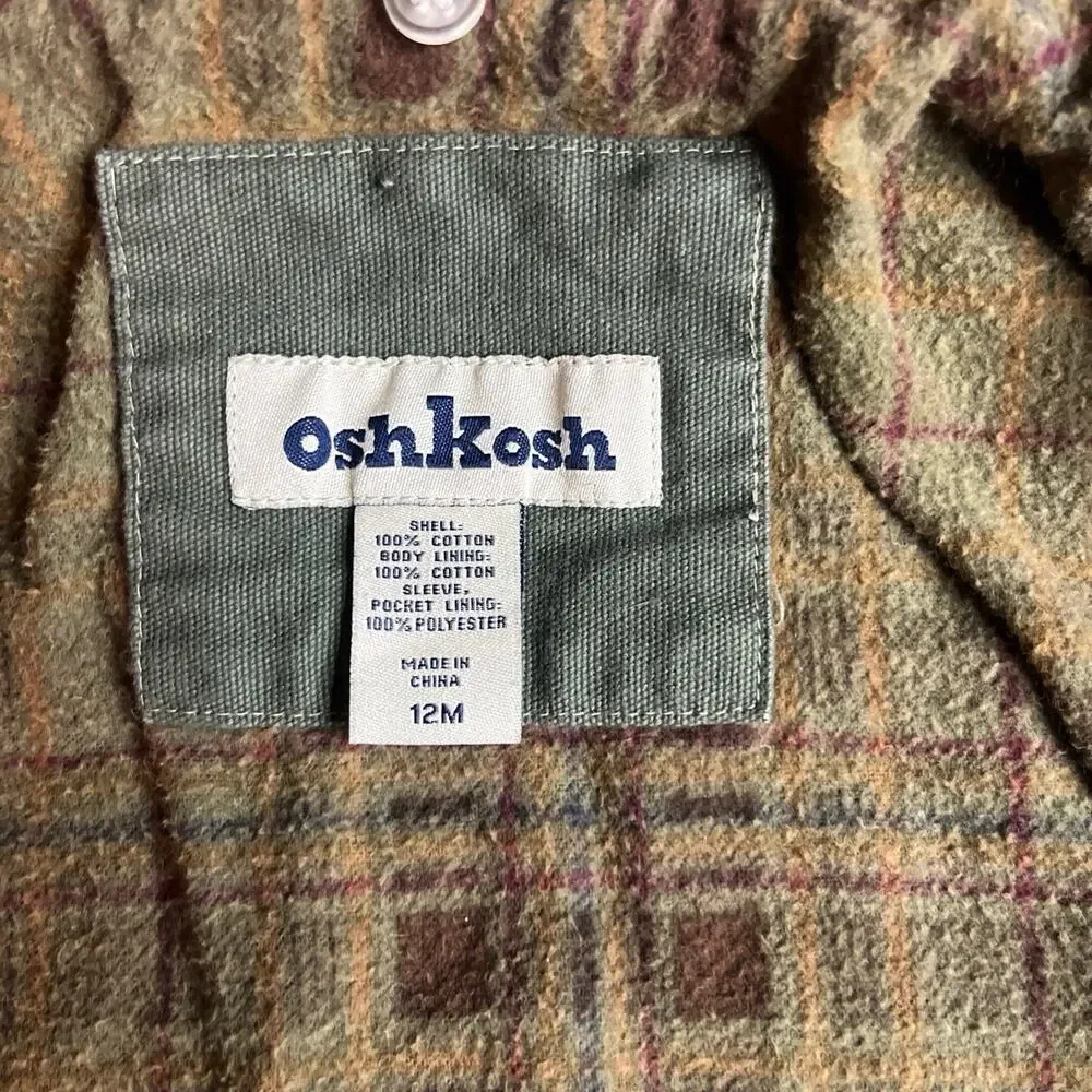 OshKosh B'gosh BabyBoy Green Utility Barn Jacket Corduroy Collar Plaid Lined 12M